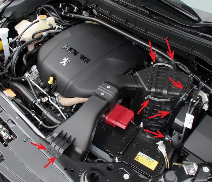 Размещение воздушного фильтра с воздухозаборником двигателя Citroen C-Crosser
