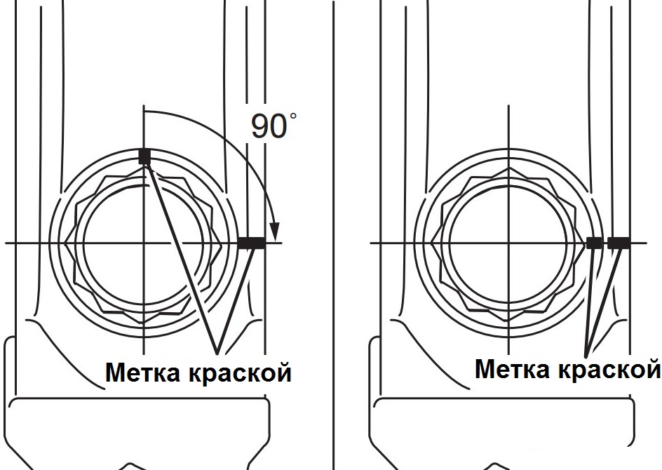 Нанесение краской метки на головку болта крепления крышки шатуна двигателя 4B12 Citroen C-Crosser
