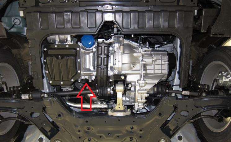 Расположение поддерживающего кронштейна катколлектора на автомобиле Hyundai Solaris